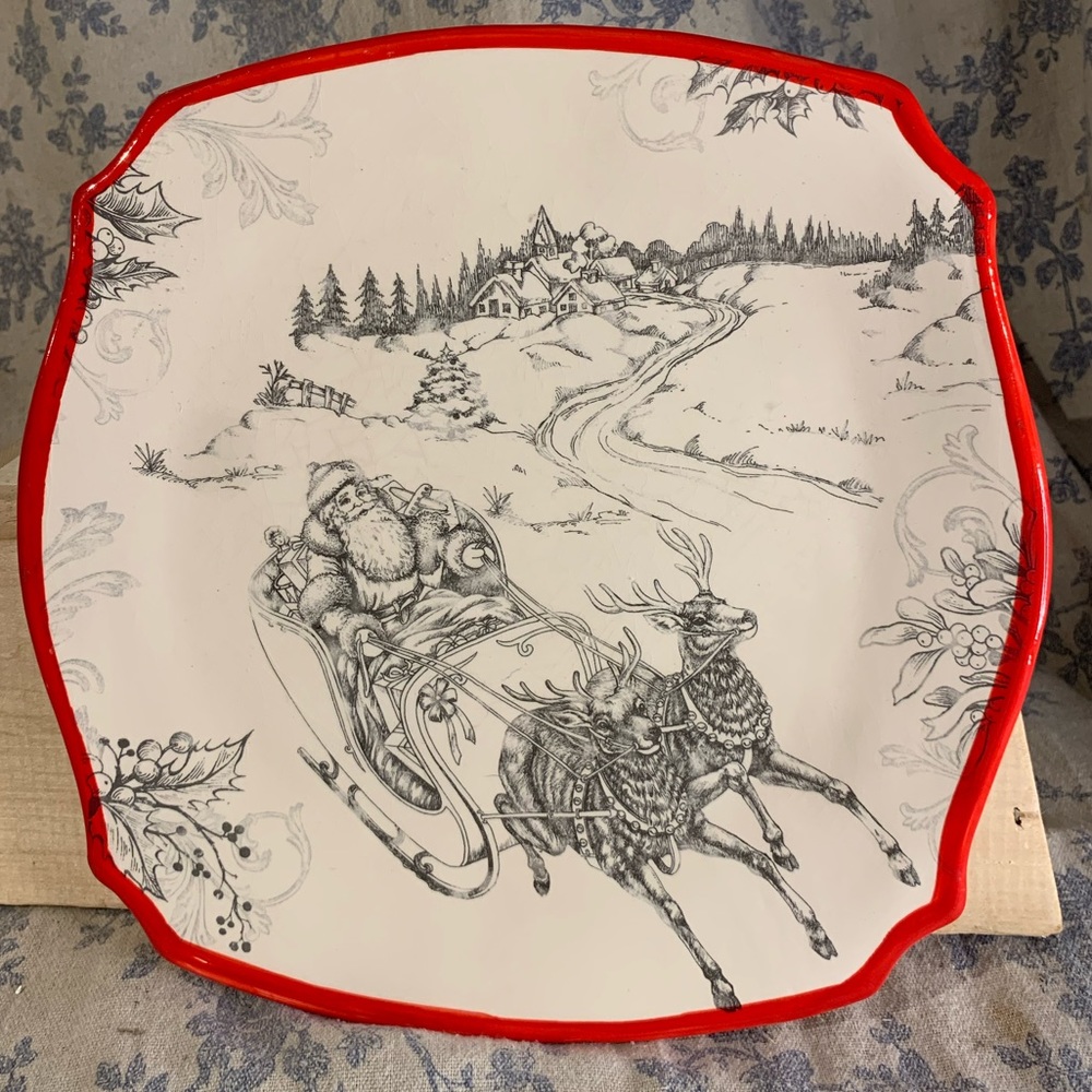 Giftcraft 10" Square Christmas Plate ft. Santa's Sleigh and Red Rim